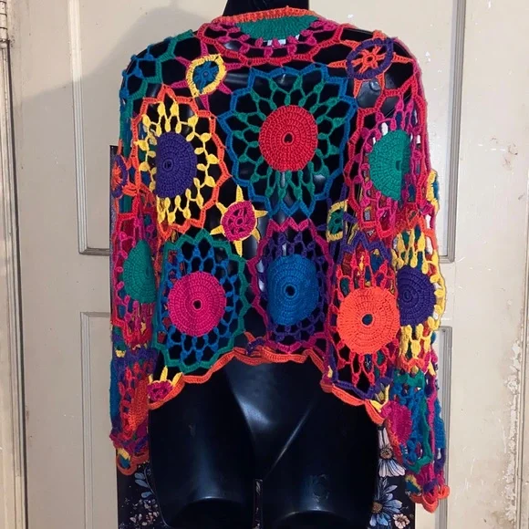 VTG BOHO SWEATER Open Crochet Bead Embellished HIPPIE - Picture 3 of 4